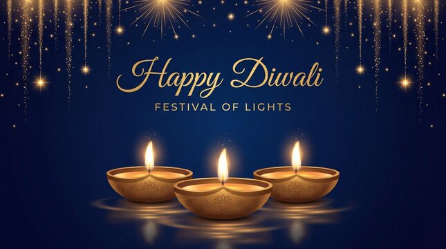 Three lit diya lamps for diwali celebration on dark blue background with sparkles