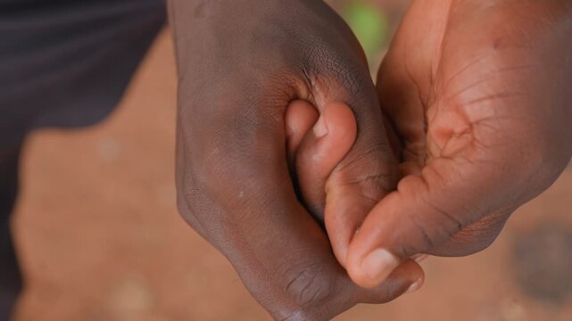 Two dark skinned adult women grasp each other fingers in firm handshake. interaction emphasizes connection through close up details of their intertwined digits against earthy background