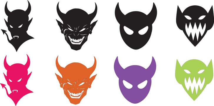 Halloween devil face icons set with various expressions and colors