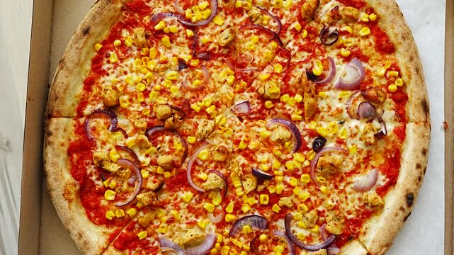 In cardboard box packaging, sliced pizza shows chunks of chicken, yellow corn, purple onion and a few black olives over glossy tomato sauce, concept of sharing food at a party