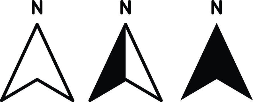 North arrow compass indicator vector icon set. Map cardinal direction orientation and geographic navigation symbol. North pole pointer