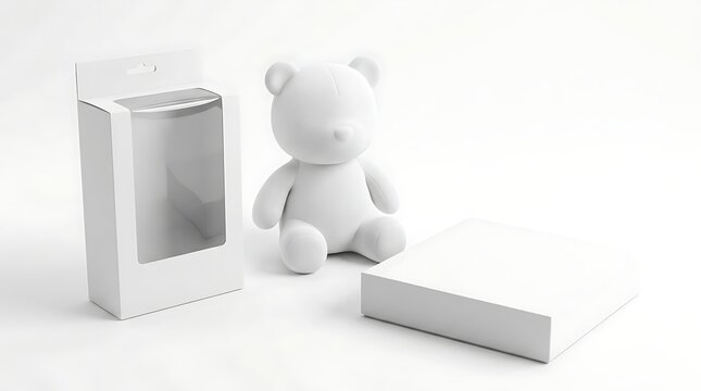 White blank teddy bear plush toy with cardboard packaging box mockup and paper gift box isolated on white background for product branding presentation and merchandise design showcase