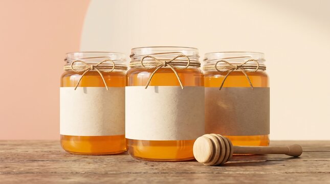 Three glass jars of organic golden honey with blank labels and twine bows on a rustic wooden table, featuring a wooden honey dipper in the foreground for product mockup and branding design.