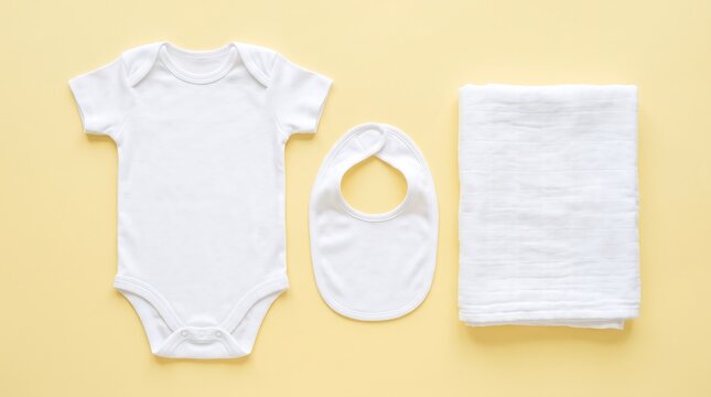 Minimalist Flat Lay of White Cotton Baby Clothing Set Including Generic Bodysuit Bib and Muslin Swaddle Blanket on a Pastel Yellow Background Perfect for Newborn Mockup Designs