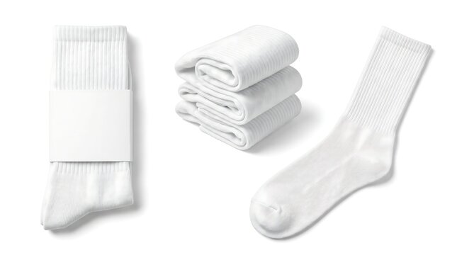 Set of blank white crew socks mockups featuring a pair with a paper label, a stack of three folded socks, and a single sock laid flat, isolated on a white background for clothing brand design.