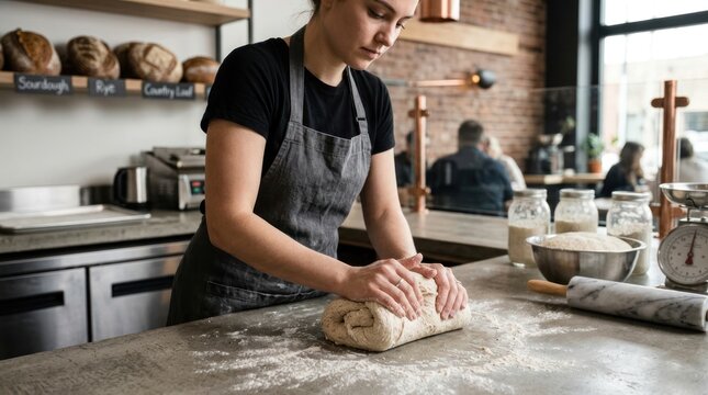 Baker kneading dough in bakery kitchen