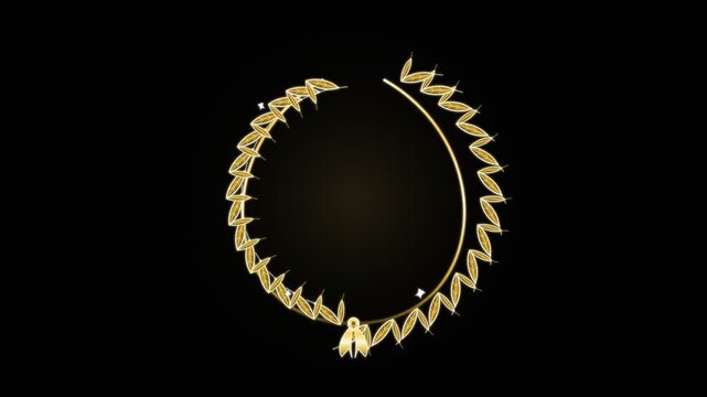 Gold laurel wreath frame animation with sparkles on black background