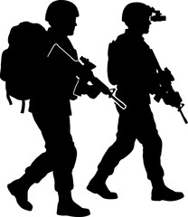 Fototapeta premium Black silhouette of two armed soldiers walking together on a mission isolated on a white background