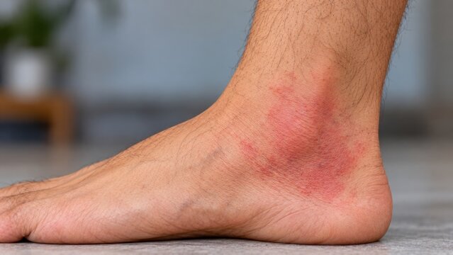Red rash on human ankle, skin irritation and inflammation, health problem, dermatological condition, dermatology.