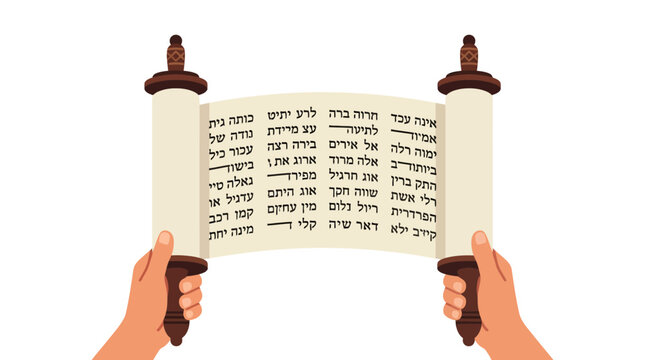 Illustration of hands holding an open Torah scroll with Hebrew text on parchment for Jewish religious holiday and cultural tradition
