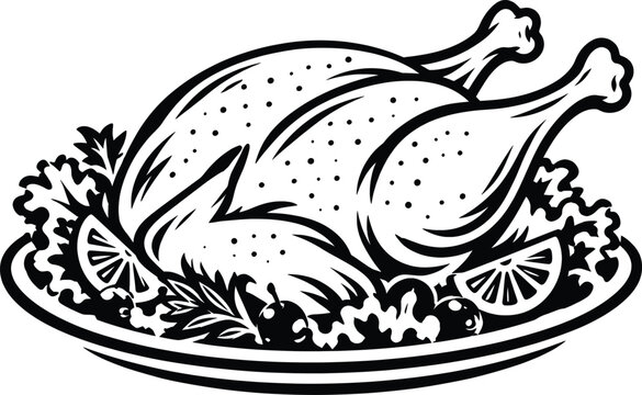 Roast Turkey Dinner Platter Line Art Vector Illustration Thanksgiving Holiday Food.