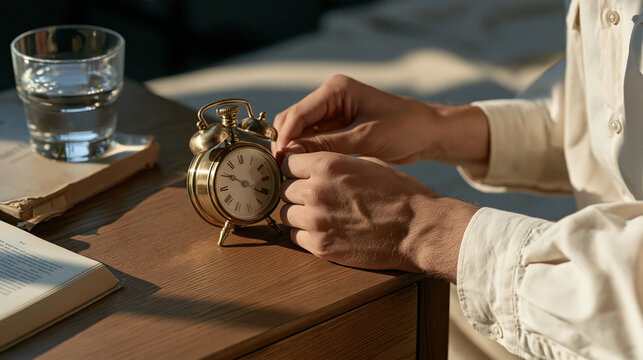 Close up of a Georgian man's hands setting a small brass wind-up travel alarm clock on a wooden nightstand beside a glass of water and a dog-eared novel, tactile analogue