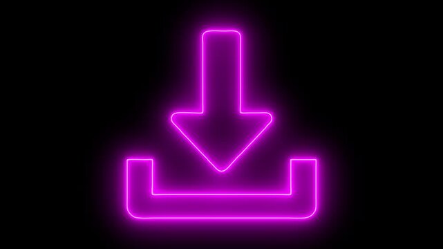 Glowing pink neon download arrow icon flickering animation isolated on black background, digital interface and UI UX download button motion graphic loop.