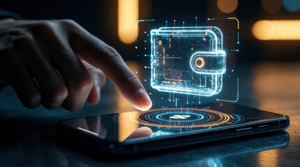 Obraz na płótnie Canvas Close up of male hand using smartphone with glowing holographic digital wallet interface. Person performs virtual mobile payment transaction via futuristic fintech app. High tech banking concept with