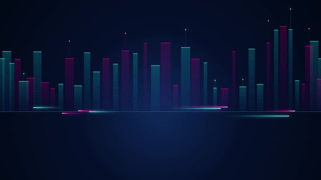 Abstract financial chart with glowing neon data lines moving across dark blue background.