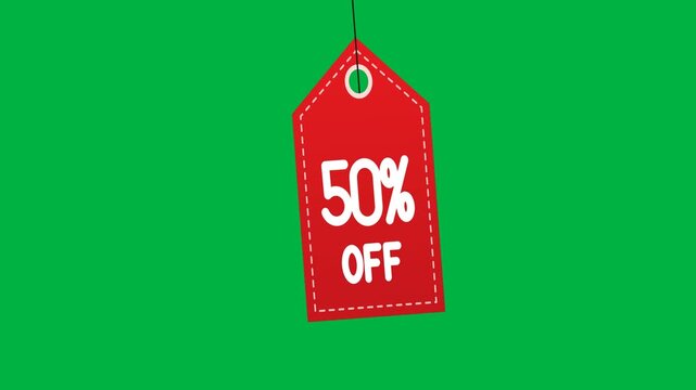 Red price tag hanging on a string swings and flips its text from sale to 30, 50 and 70 percent off on a green screen background