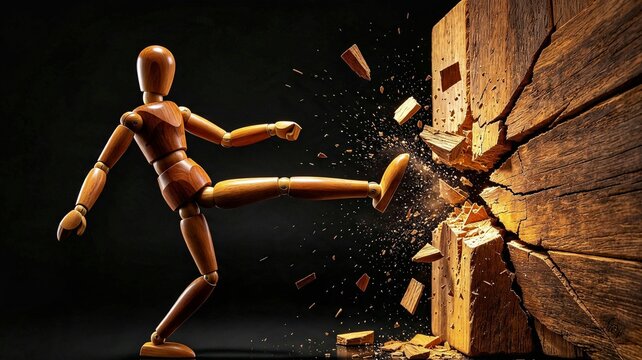 Wooden Mannequin Kicking and Shattering Thick Wooden Wall &mdash; Breaking Barriers, Courage, Strength and Freedom Concept