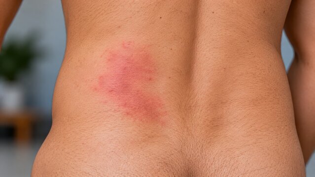 Red rash on lower back, skin irritation and inflammation, medical issue, dermatological problem, body discomfort.