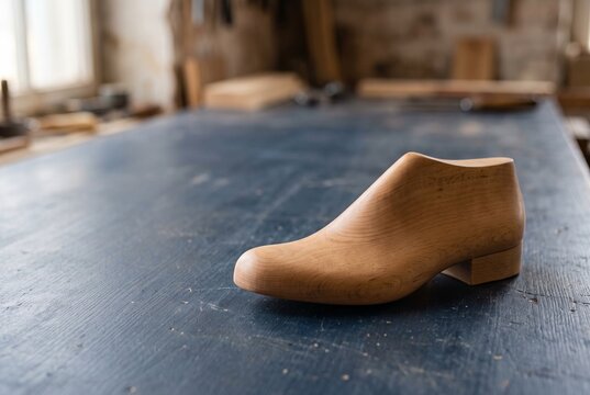 Wooden shoe shaped form on a blue work surface
