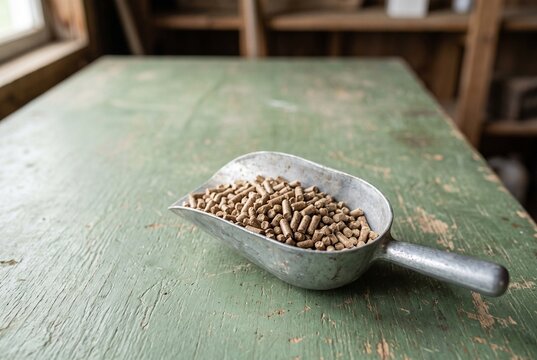 Livestock feed pellets in a plain metal scoop