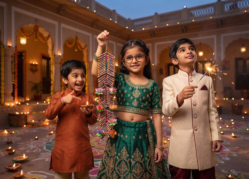 Three Indian children in traditional attire celebrating Diwali with sparkler and firecracker garland in decorated courtyard at dusk