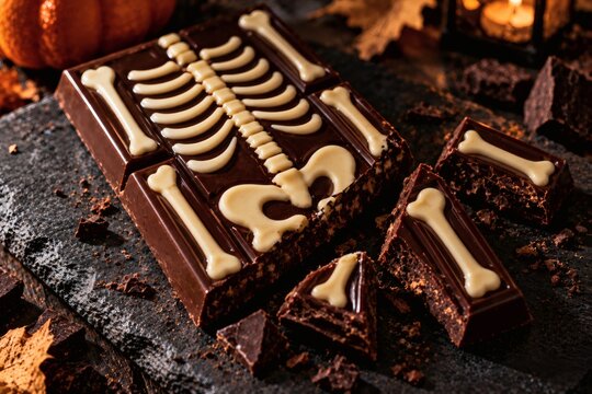 Dark chocolate bar with skeleton bone pattern