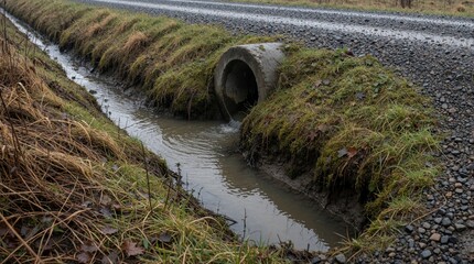 Fototapeta premium Muddy water flows through concrete culvert pipe under gravel road. Drainage ditch runs along rural path with grass, dirt. Infrastructure for water management in countryside during wet season.