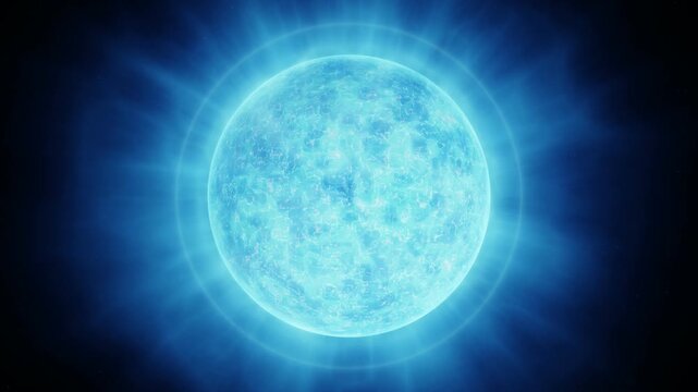 Seamless loop of a glowing magnetic blue giant star pulsating in deep space. Blue sun animation, hot stellar flare effect and coronal loops