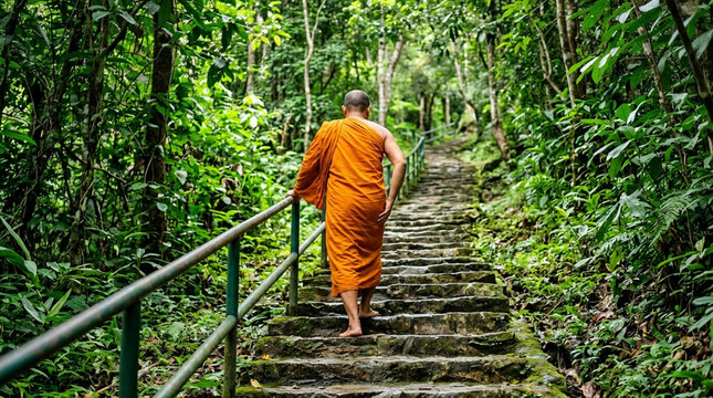 Buddhist Monk in Orange Robe Walking Up Stone Stairs Through Lush Green Tropical Forest, Spiritual Journey Concept