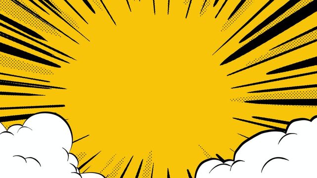 Comic pop art background with white cloud and black random line shaking 4K video.
