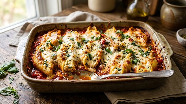 Delicious homemade stuffed pasta shells with cheese and creamy sauce in a rustic ceramic baking dish. italian american fusion