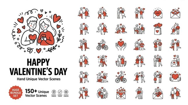 Valentine's Day hand drawn vector scenes, 150 unique romantic couple icons, red and black doodle illustrations for love and wedding