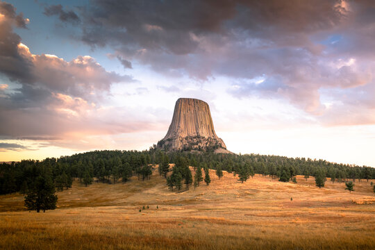 Devil's tower seen at golden hour