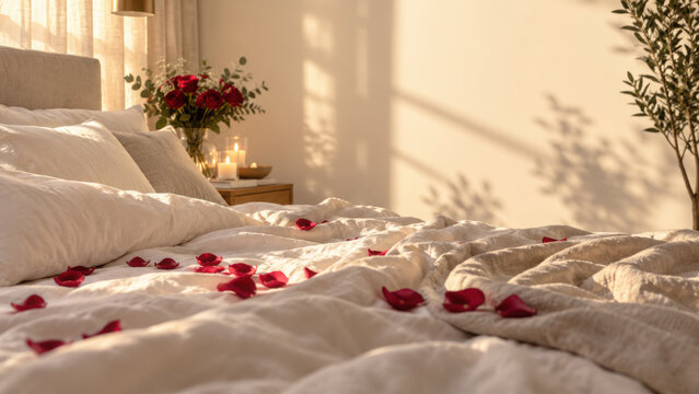 Romantic 2027 posters inspire warm bedroom retreat with rose petals, soft bedding, candlelight, and gentle morning sunlight through window