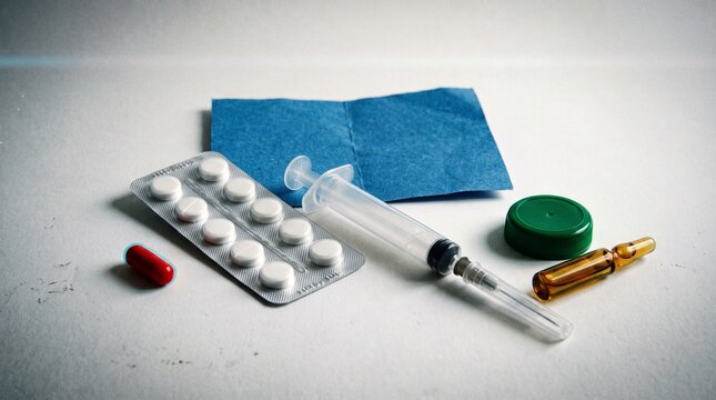 Medical pill blister pack and plastic syringe on pure white background, isolated healthcare concept.