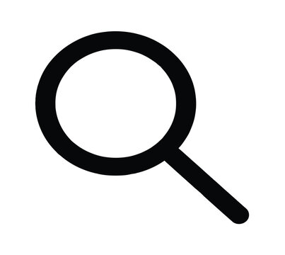 Black outline magnifying glass icon represents search and zoom functionality for websites and applications.