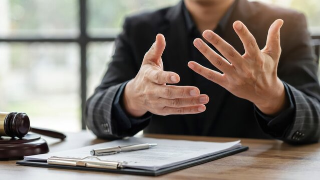 Professional lawyer gesturing while explaining legal documents in a courtroom office