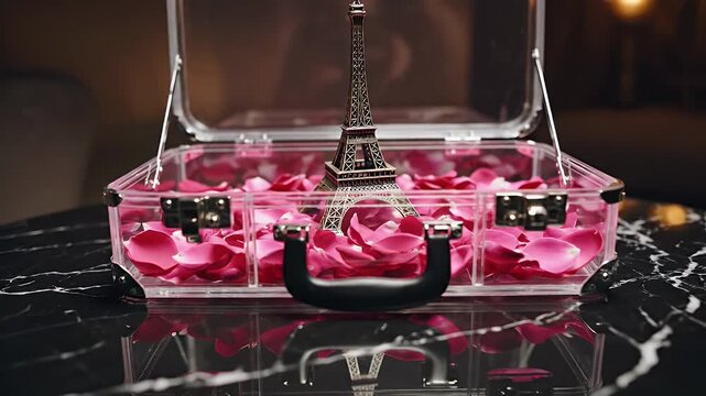 Miniature Transparent Display Case Containing Pink Flower Arrangement and Eiffel Tower Figurine