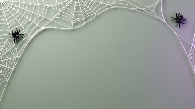 Spooky Halloween top arch frame background with white cobwebs and black spiders on gradient green and purple backdrop with large copy space