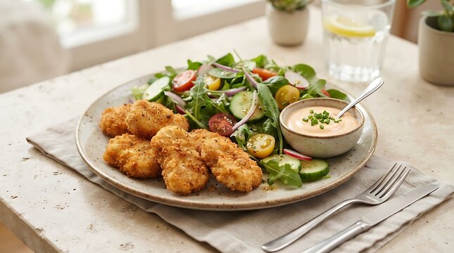 Fresh vegetable salad with golden roasted potato wedges and a creamy dipping sauce on a dining table. chicken nugget recipe