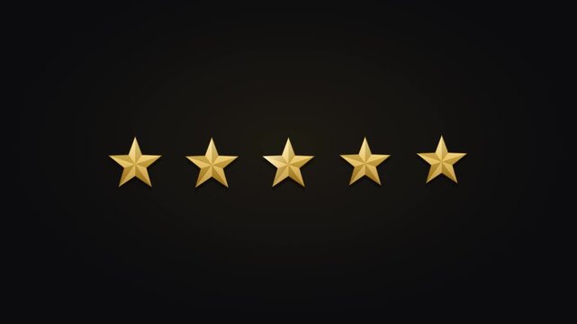 Animated five gold stars appearing one by one with glowing highlights, rating review concept, customer satisfaction, quality award, and premium excellence recognition.
