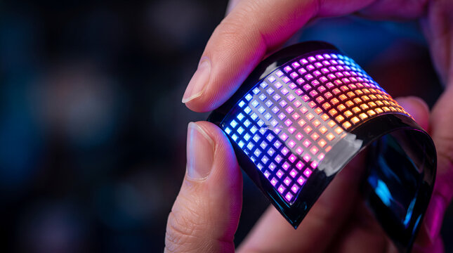 Flexible OLED screen held in hand with glowing matrix display