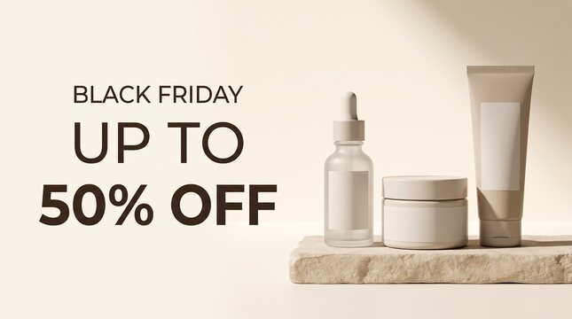 Skincare products on a shelf with Black Friday sale promotion  