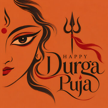 Minimal goddess durga face line art with trishul and orange background for durga puja and navratri traditional hindu festive devotional greeting illustration