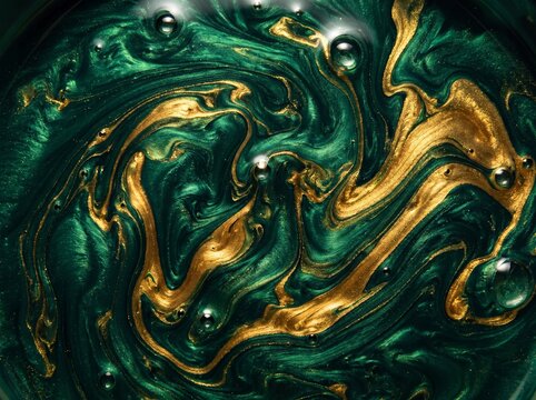 Abstract swirl pattern of liquid deep emerald green and shimmering gold paint with bubbles