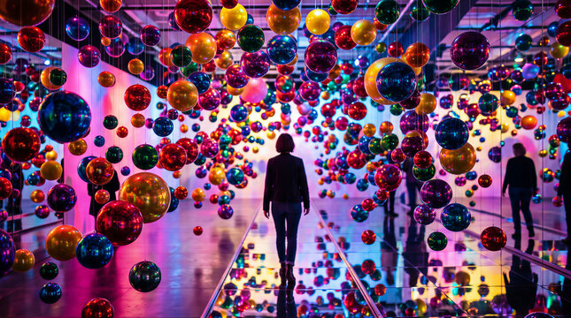 People walking through an immersive art installation with spheres