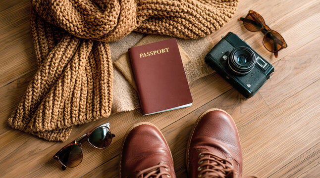 Travel essentials with passport camera sunglasses scarf and leather boots on wood