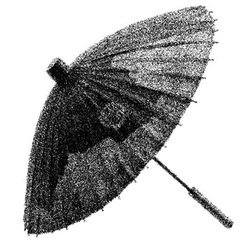 Antique parasol with worn wooden canopy and asian design - transparent background png stipple dotted halftone monochrome dots