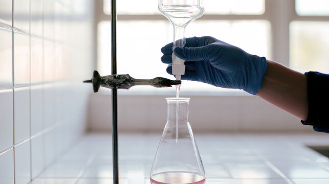 Chemistry titration burette clamp laboratory setup with gloved hand dispensing liquid into flask under bright window light