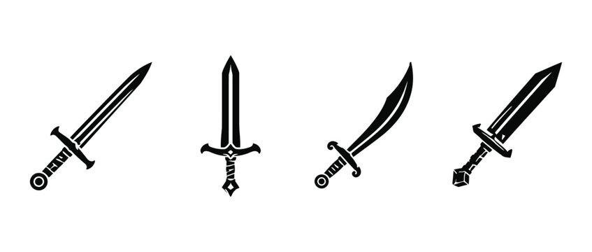 Set of four medieval sword weapon icons silhouette isolated on white background with medieval silhouette collection historic isolated equipment military scimitar broadsword